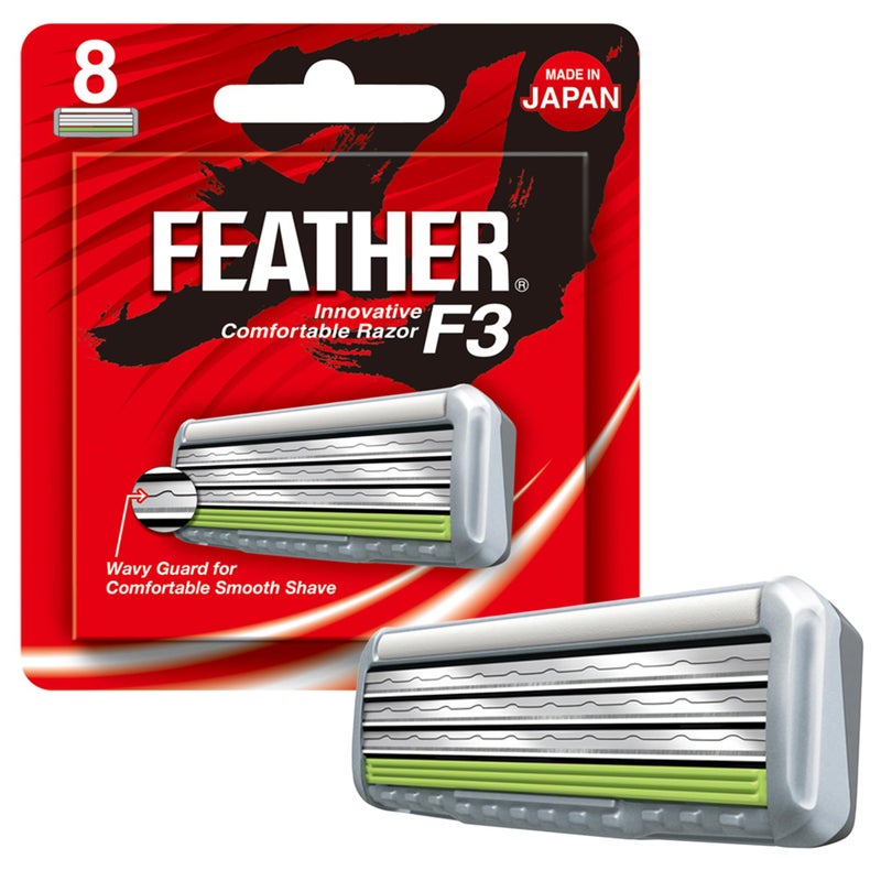 Feather - F3 Razor Blades Refills - Wavy Guard with SiC Ceramic Technology for Smooth Shave - Reduces Irritation and Razor Burns - 8 Pack - Image 1